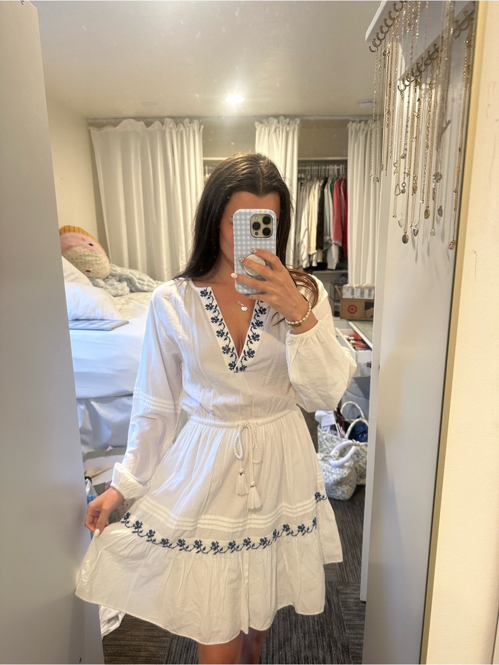 Source Unknown White Mini Dress with Blue Embroidery